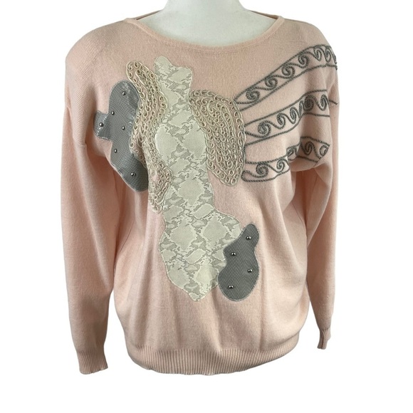 Donna Toran Vintage Lambs Wool Blend 3D Pink Patchwork Granny Sweater SZ Small - Picture 1 of 14